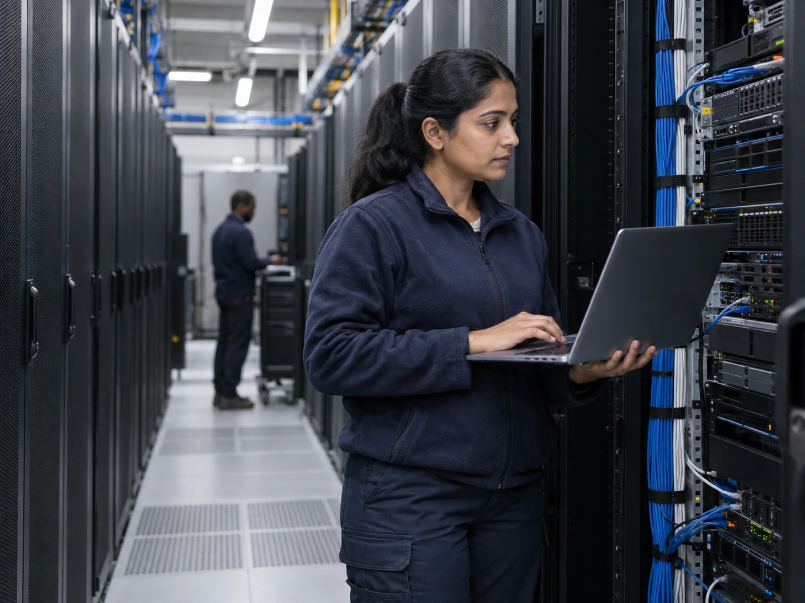 Technology specialist reviewing infrastructure in a data center